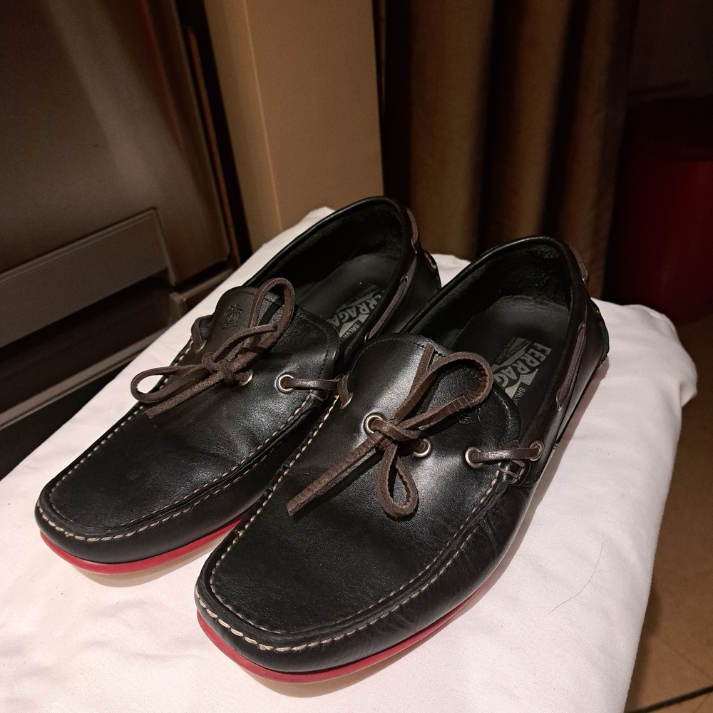 Salvatore Ferragamo Black and Red Men's Boat Shoes